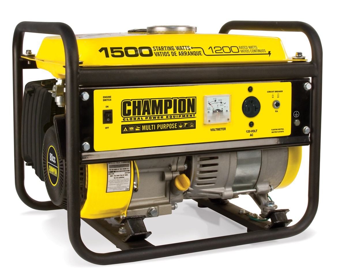 A yellow portable generator with black handles and details emblazoned with the Champion logo.